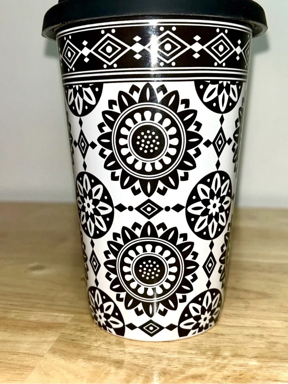 Longaberger Black Medallion Ceramic Travel Mug - 10oz Double-Walled Insulated